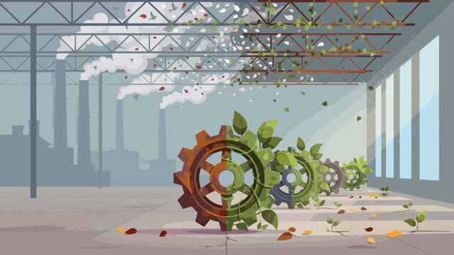 Factory machinery transforming into living green leaves &ndash; Great for sustainable manufacturing, corporate responsibility brochures, or industrial evolution art.