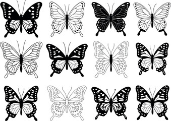 Fototapeta premium Butterfly collection featuring detailed wing patterns in silhouette and outline styles isolated vector set