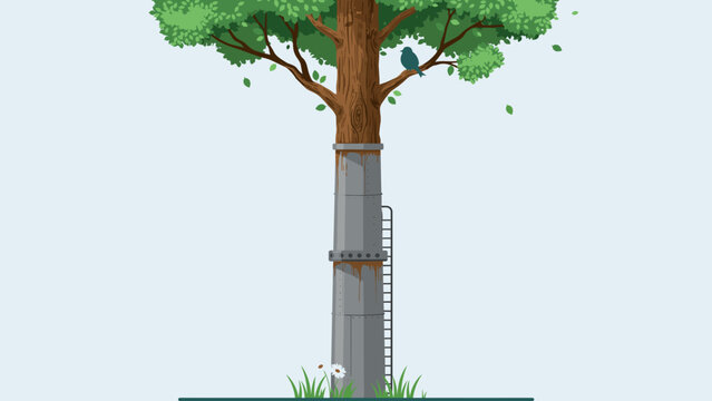 Factory tower morphing organically into a living oak tree &ndash; Suitable for clean manufacturing promotions, environmental evolution studies, or eco branding.