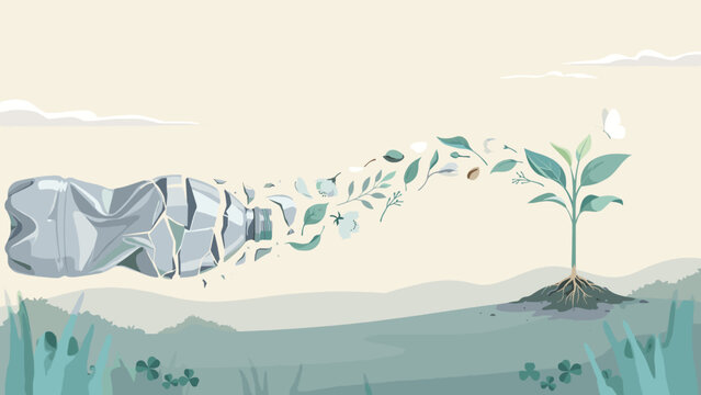 Plastic bottle dissolving into fresh green plant elements &ndash; Ideal for zero waste campaigns, environmental cleanup blogs, or plastic reduction marketing.