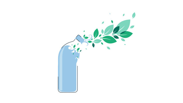 Clear plastic bottle transforming directly into green leaves &ndash; Great for recycling initiative branding, bio degradable packaging ads, or eco friendly art.