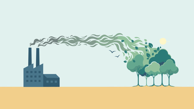 Industrial factory smoke transforming into a row of trees &ndash; Great for corporate sustainability pledges, emissions control ads, or net zero goals.
