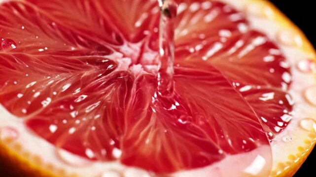 Extreme macro close-up of a ripe blood orange slice cross-section showcasing detailed red pulp segments, glistening juice droplets, and textured rind against a dark background.