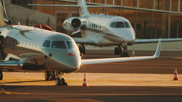 Private jets park at busy airport during sunset over the runway in clear sky