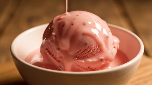 Strawberry ice cream melting slowly in a white bowl with a soft light