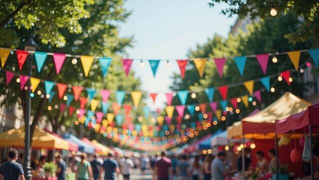 Colorful bunting flags over a crowded street festival with market stalls