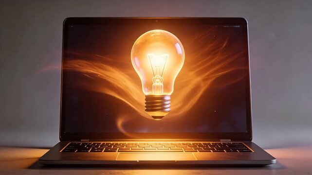 Laptop on desk displaying glowing orange light bulb with warm illumination