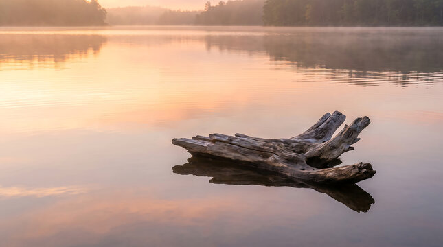 Serene Driftwood Floating on a Mirror-Like Lake During a Golden Hour Sunrise in the Wilderness