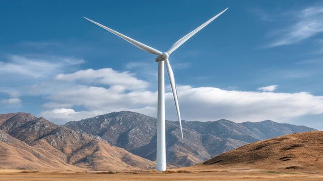 Large white wind turbine standing tall on dry brown hillside with mountain range and blue partly cloudy sky in background for renewable energy concept