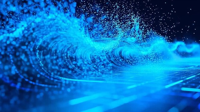 Dynamic blue ocean wave with glowing digital lines and particles against dark background