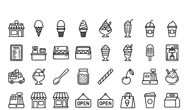 Thin Line Ice Cream Shop Icon Set Editable Stroke Vector Collection for Dessert Store and Cafe