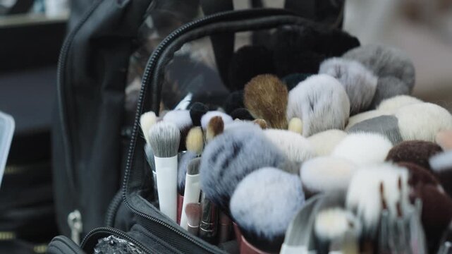 A diverse collection of makeup brushes neatly organized in a transparent section of a travel case. Ideal for beauty tutorials or makeup artist portfolios.