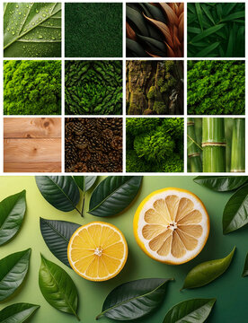 Organic and eco-friendly background collection: nature textures, wood, herbaceous plants, and fresh citrus fruits