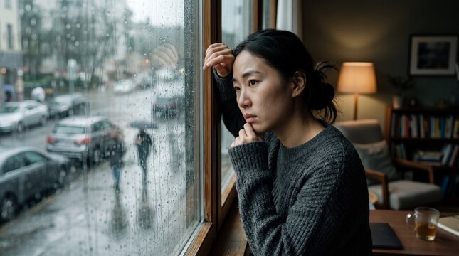 Asian woman sweater sitting indoors looking out rainy window feeling anxious and thoughtful home interior moody atmosphere emotional expression rainy day solitude