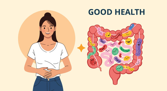 Happy healthy woman showing her stomach next to a diagram of human intestines with beneficial probiotic bacteria for gut health.