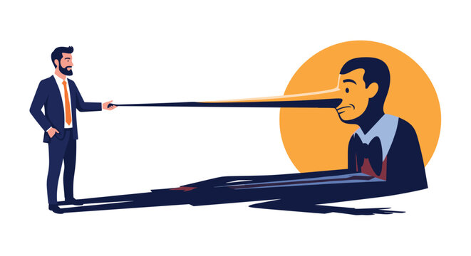 Businessman catching another man with a long Pinocchio nose in a lie, representing business fraud, deceit, and dishonesty.