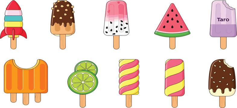 Cartoon fruit popsicle and chocolate ice bar vector illustration set isolated on white