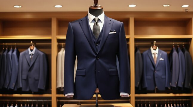 Mannequin wears formal navy blue three-piece suit with tie and pocket square. Displays men formalwear in retail shop. Other suits hang on racks in background for sale.