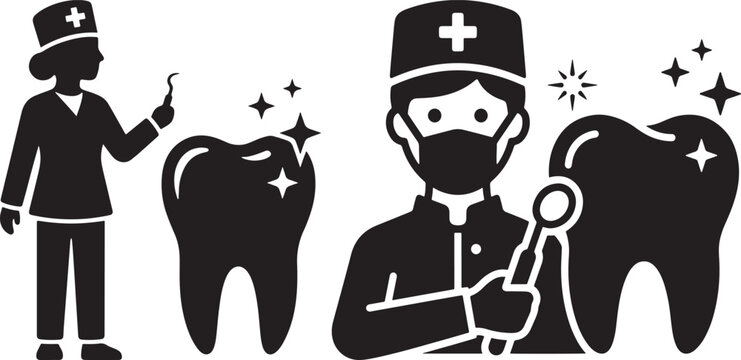 Dentist examining tooth dental care vector silhouette set with dentistry silhouette background treatment professional cleaning