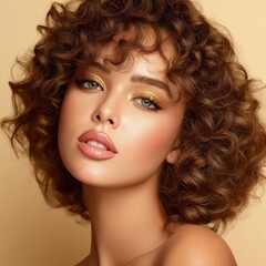 Fototapeta premium Striking beauty portrait of a woman with curly hair and golden eye makeup.