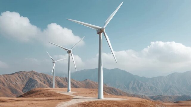 Large white wind turbine standing on brown hill with several turbines in a row against cloudy blue sky and distant mountain range landscape background
