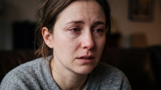 Sad woman with tears on face emotional fatigue and depression close up portrait indoors natural light brown hair grey sweater mental health struggle stress sorrow loneliness