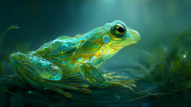 Small green frog sitting in a dark misty forest