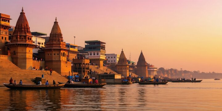Golden sunset over Varanasi ghats Ganga river. Boats with people float past ancient temples and stairs. Pilgrims gather by holy water. Spiritual India scene.