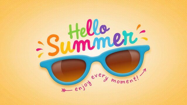 Colorful hello summer typography banner with sunglasses on yellow background
