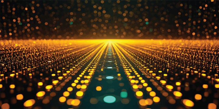 Abstract Digital Grid Background with Yellow and Pink Light Effects and Binary Code Pattern Illustration