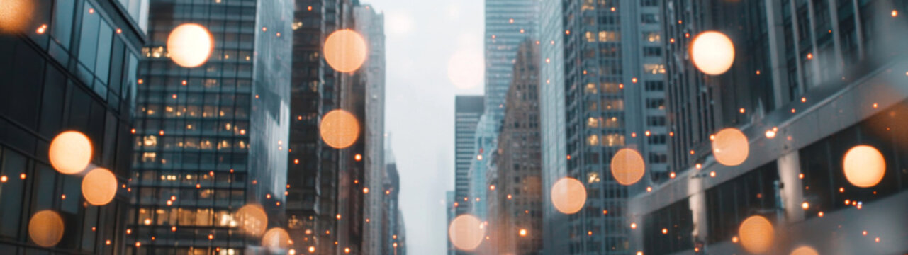 City bokeh lights background with modern buildings, ideal for banners
