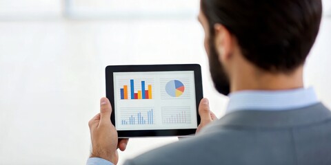 Obraz premium Coworking cafe concept. Man in suit using a tablet displaying charts and graphs for data analysis or business presentation.