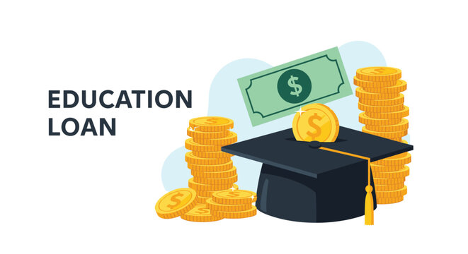 Black graduation cap surrounded by piles of gold coins and a green dollar bill representing education loan concepts.