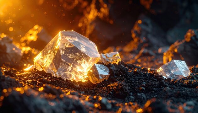 Natural Rough Diamonds in Octahedral Form Clustered on Earth with Warm Glowing Light