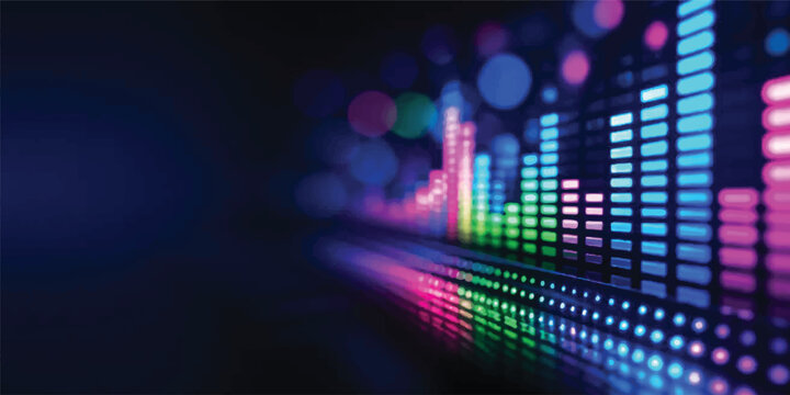 Abstract colorful lights background with digital technology design, music equalizer wave pattern, glowing blue motion illustration, vector art wallpaper with vibrant sound and data effect