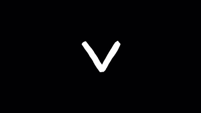 Minimalist white handwritten letter V isolated on black background.