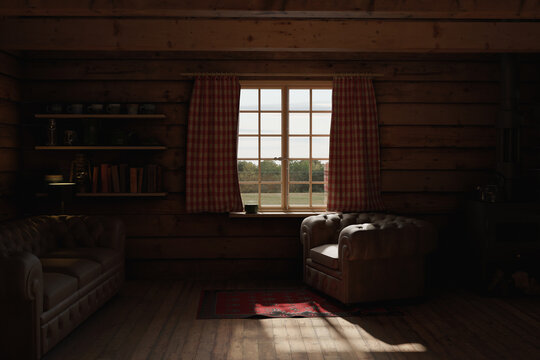 3D Rendering of a cozy cabin interior with beautiful view to forest tree line
