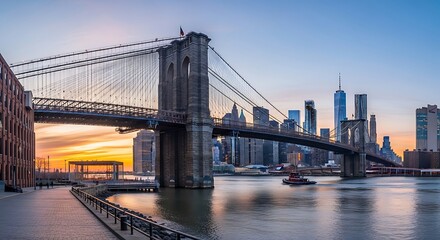 Obraz premium Iconic suspension bridge spanning a calm river at sunset with modern city skyline in background