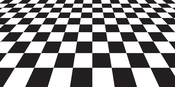 Abstract black and white checkered floor perspective background. Seamless 3D chessboard pattern grid texture. Vector geometric checker tiles vanishing point layout for modern retro design.