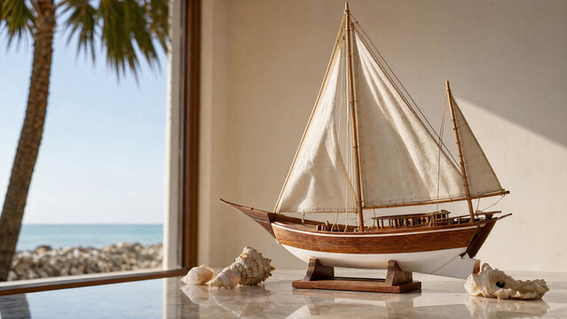 Wooden dhow model on polished surface with coastal light and seashell accents.