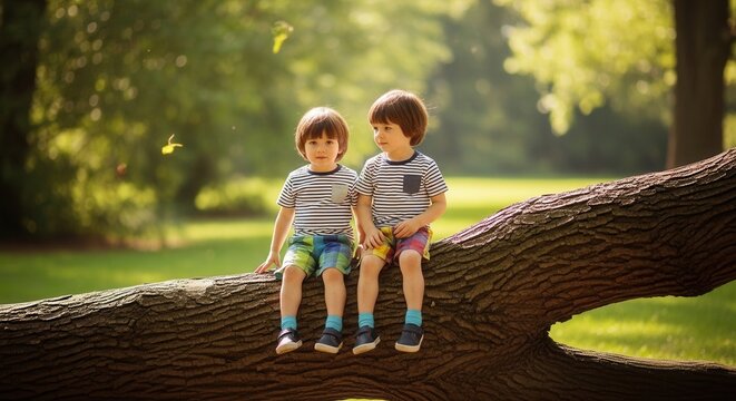 Two young boys sitting on a fallen tree trunk