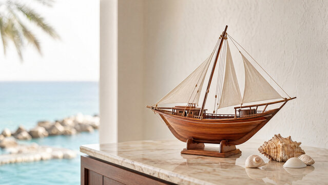 Wooden dhow model on polished surface with coastal light and seashell accents.