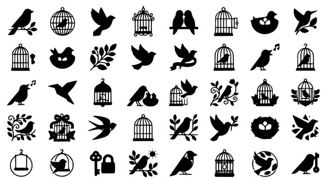 Decorative Birds and Birdcages Vector Collection with Cute Songbirds and Vintage Cage Illustrations