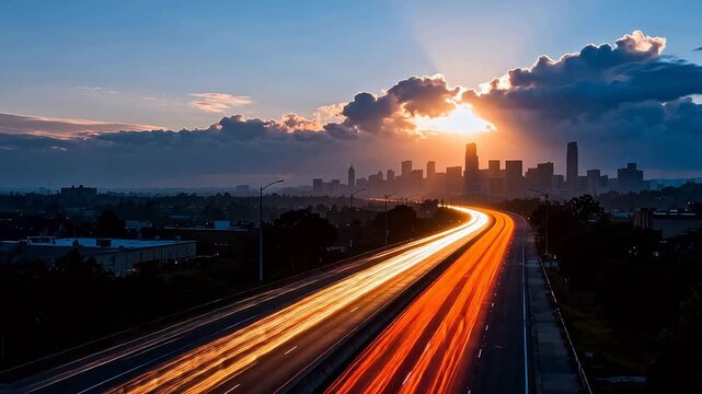 Winding highway with red and orange vehicle light trails and city skyline silhouette
