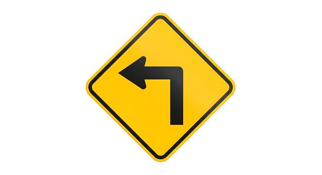 Sharp left turn warning road sign isolated on white background