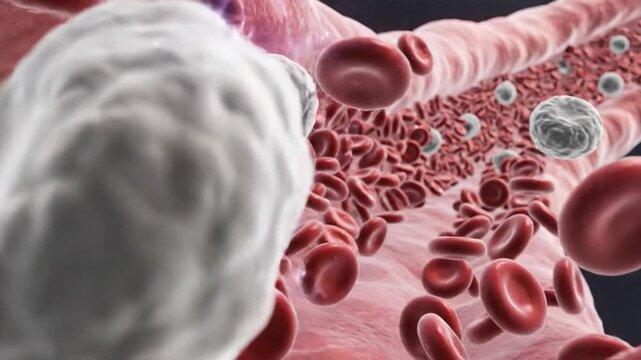 Microscopic View of Red and White Blood Cells Flowing Through a Vessel