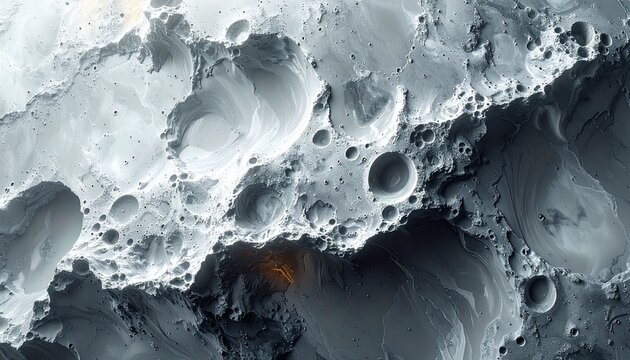Detailed aerial view of a celestial body surface featuring deep impact craters and rugged lunar landscapes in monochrome tones