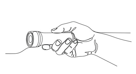 Obraz premium Single line drawing of a hand holding a portable flashlight
