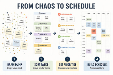 Fototapeta premium An infographic illustrates a four-step process for organizing life from chaos to schedule.