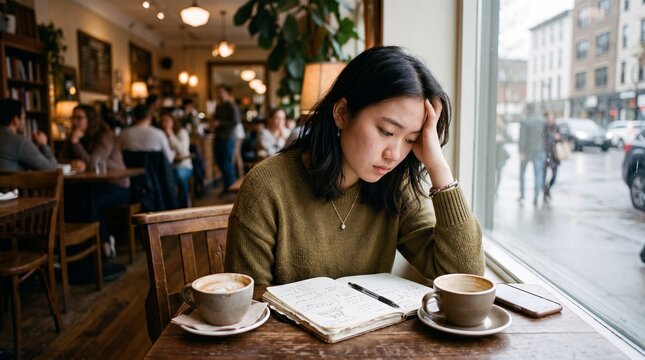 Young woman sitting alone in cozy cafe, looking stressed and overthinking while writing in notebook, surrounded by coffee cups and rainy window, emotional isolation